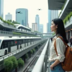 Jeune femme dans un hub futuriste avec bus et drones