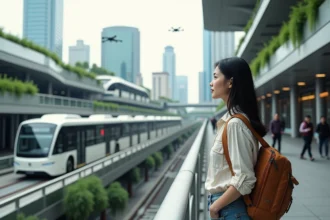 Jeune femme dans un hub futuriste avec bus et drones