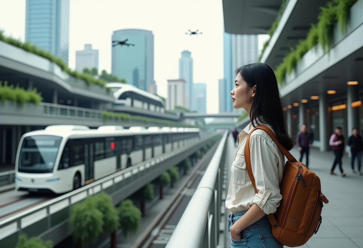 Jeune femme dans un hub futuriste avec bus et drones