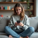 Jeune femme souriante avec smartphone dans un salon cosy