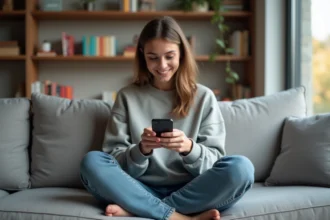 Jeune femme souriante avec smartphone dans un salon cosy