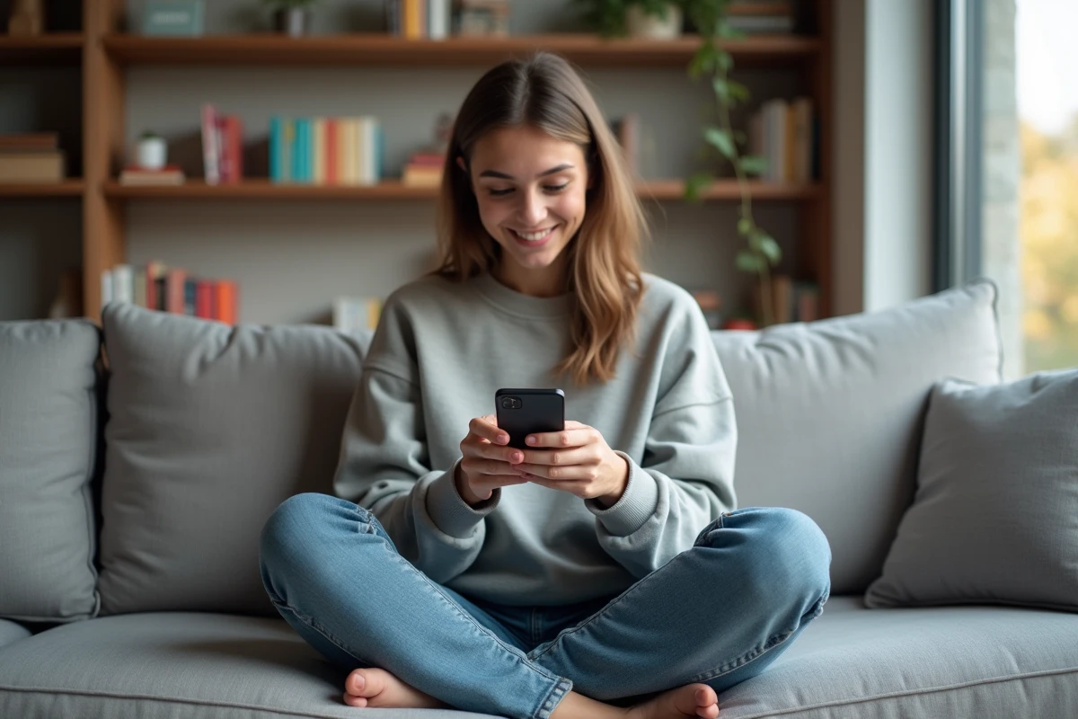 Jeune femme souriante avec smartphone dans un salon cosy