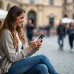 Jeune femme assise sur un banc avec smartphone en voyage
