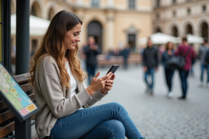Jeune femme assise sur un banc avec smartphone en voyage