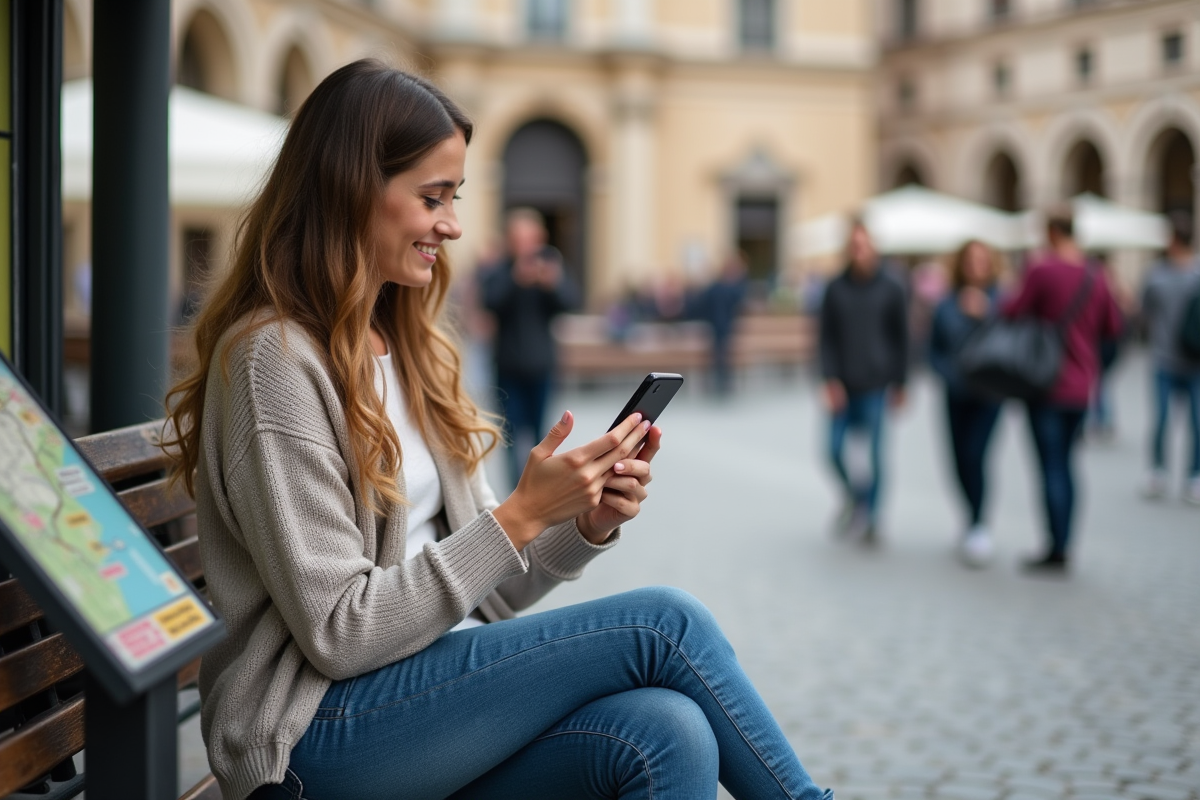 Jeune femme assise sur un banc avec smartphone en voyage