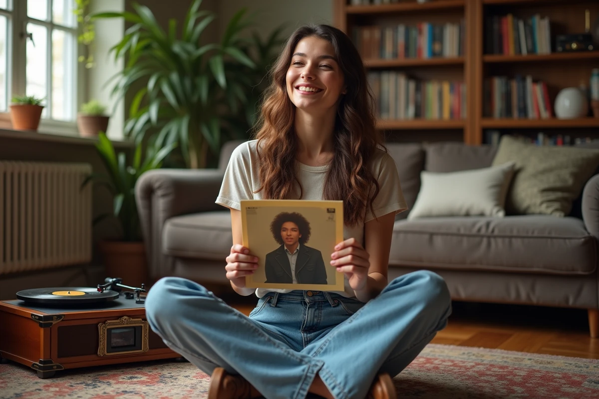 Jeune femme écoutant des vinyles dans un salon cosy
