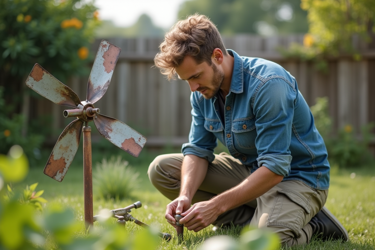 Jeune homme construisant une turbine éolienne dans son jardin