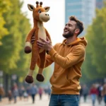 Jeune homme souriant avec peluche de Melman en plein air