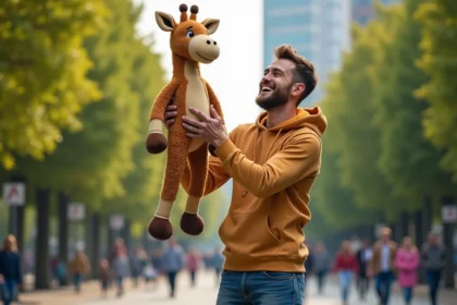 Jeune homme souriant avec peluche de Melman en plein air