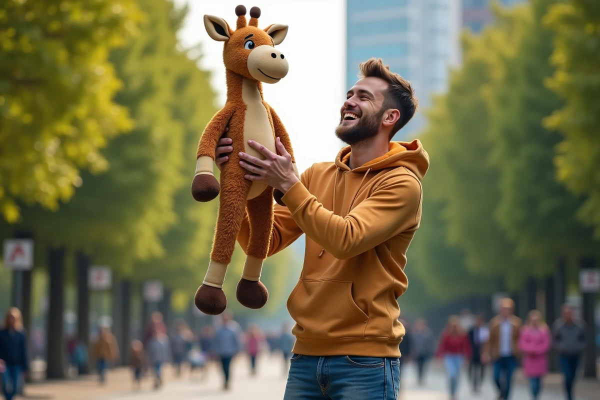 Jeune homme souriant avec peluche de Melman en plein air