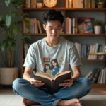 Jeune homme assis lisant un manga dans un appartement moderne