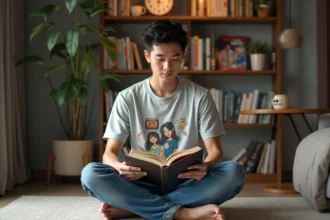 Jeune homme assis lisant un manga dans un appartement moderne