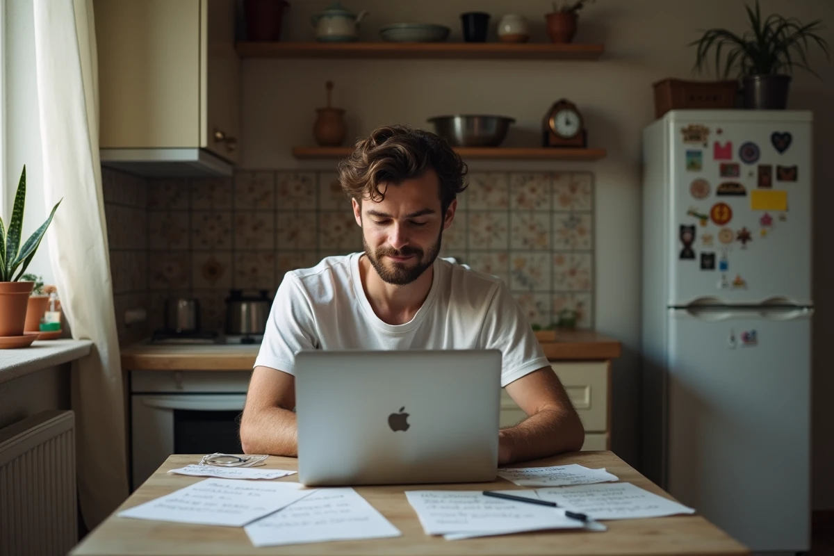 Jeune homme français pensif dans sa cuisine