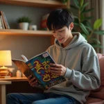 Jeune homme lisant un manhwa dans sa chambre cosy