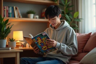 Jeune homme lisant un manhwa dans sa chambre cosy