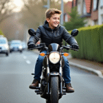 Jeune garçon souriant sur sa moto en banlieue au printemps