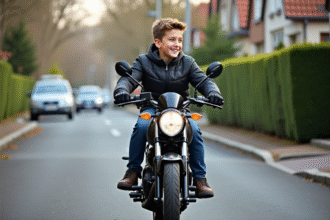 Jeune garçon souriant sur sa moto en banlieue au printemps