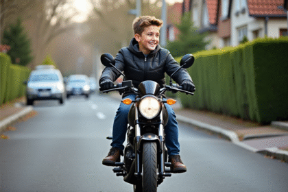 Jeune garçon souriant sur sa moto en banlieue au printemps