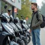 Jeune homme examine motos 125cc modernes en extérieur