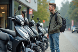 Jeune homme examine motos 125cc modernes en extérieur
