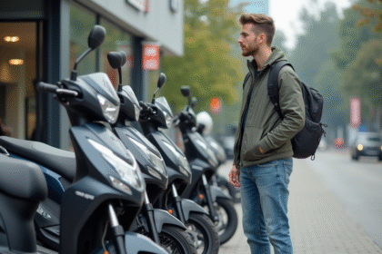 Jeune homme examine motos 125cc modernes en extérieur