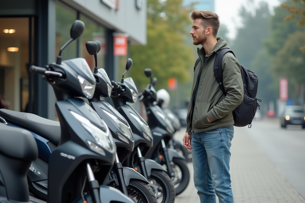Jeune homme examine motos 125cc modernes en extérieur
