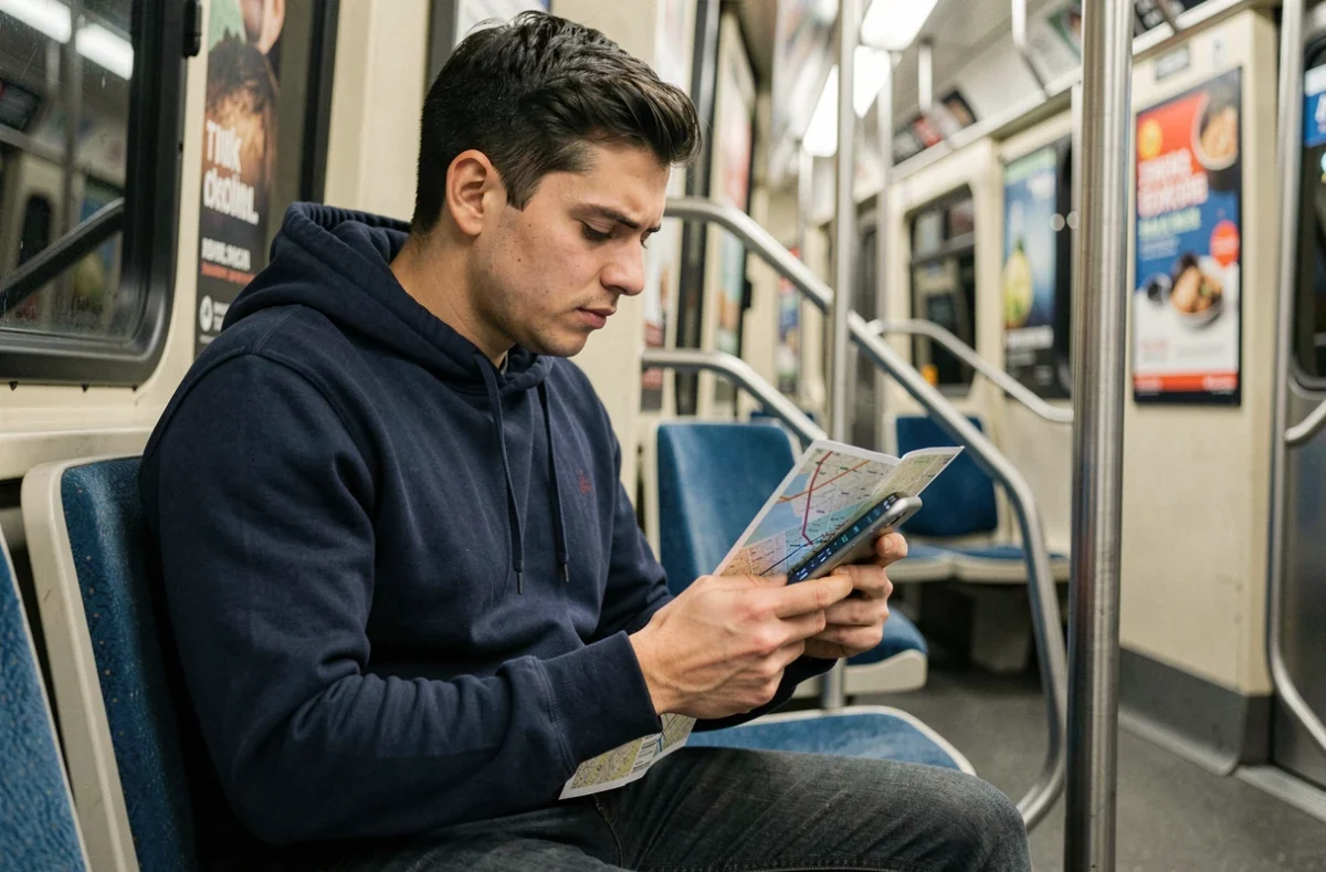 Jeune homme comparant un plan de métro papier et son smartphone dans une rame de métro à Lyon