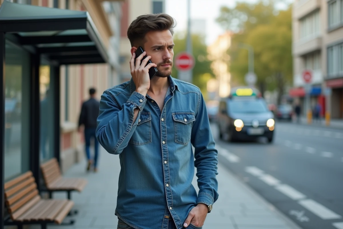 Jeune homme en ville parlant au téléphone sur le trottoir