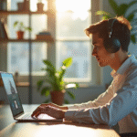 Jeune professionnel utilisant un ordinateur portable avec logiciel de traduction