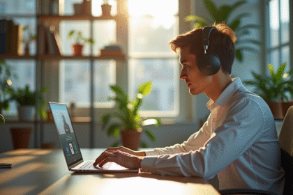 Jeune professionnel utilisant un ordinateur portable avec logiciel de traduction