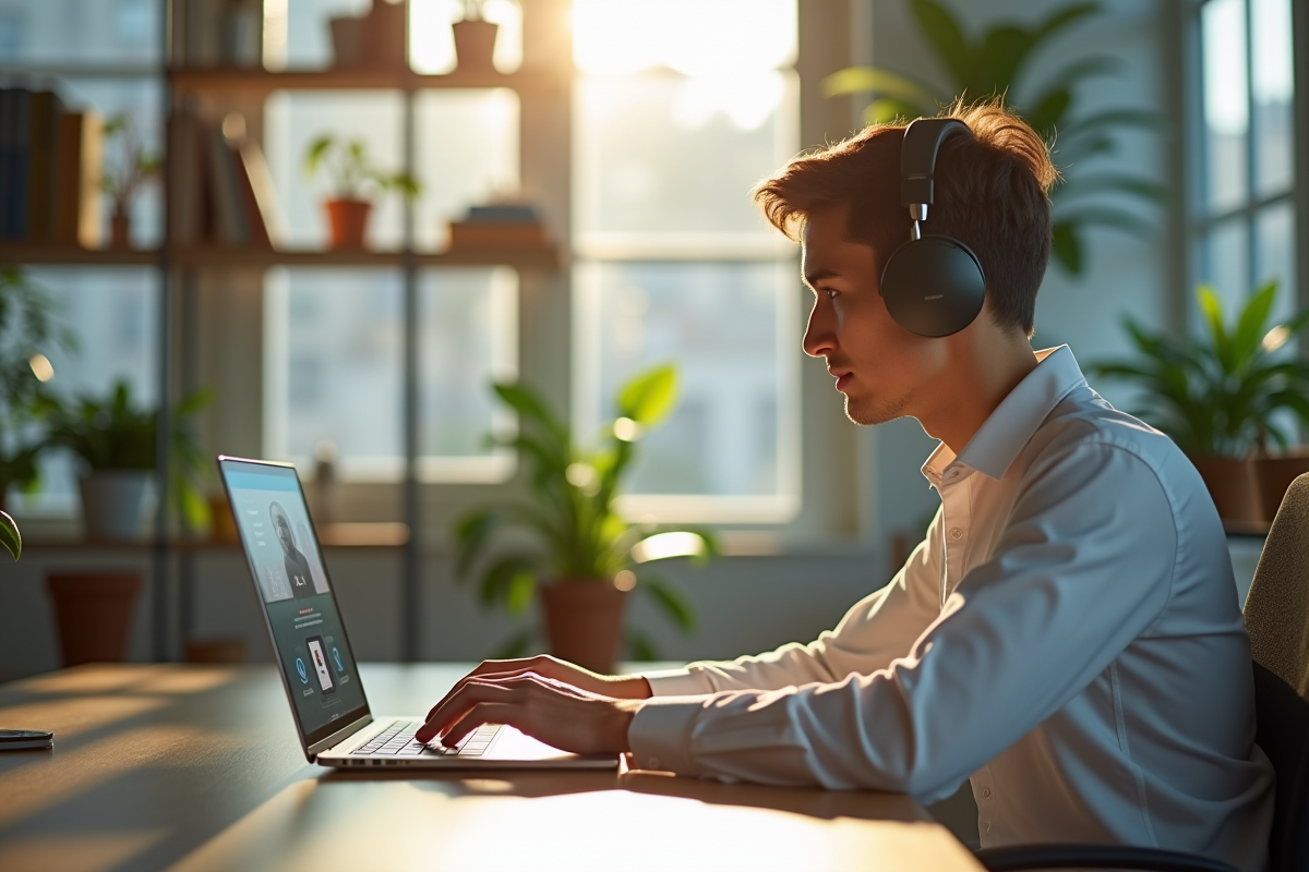 Jeune professionnel utilisant un ordinateur portable avec logiciel de traduction