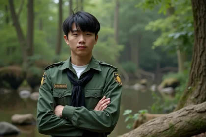 Jeune homme en uniforme de ranger dans la foret