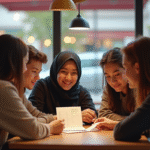 Groupe de jeunes adultes vérifiant un menu halal dans un restaurant moderne
