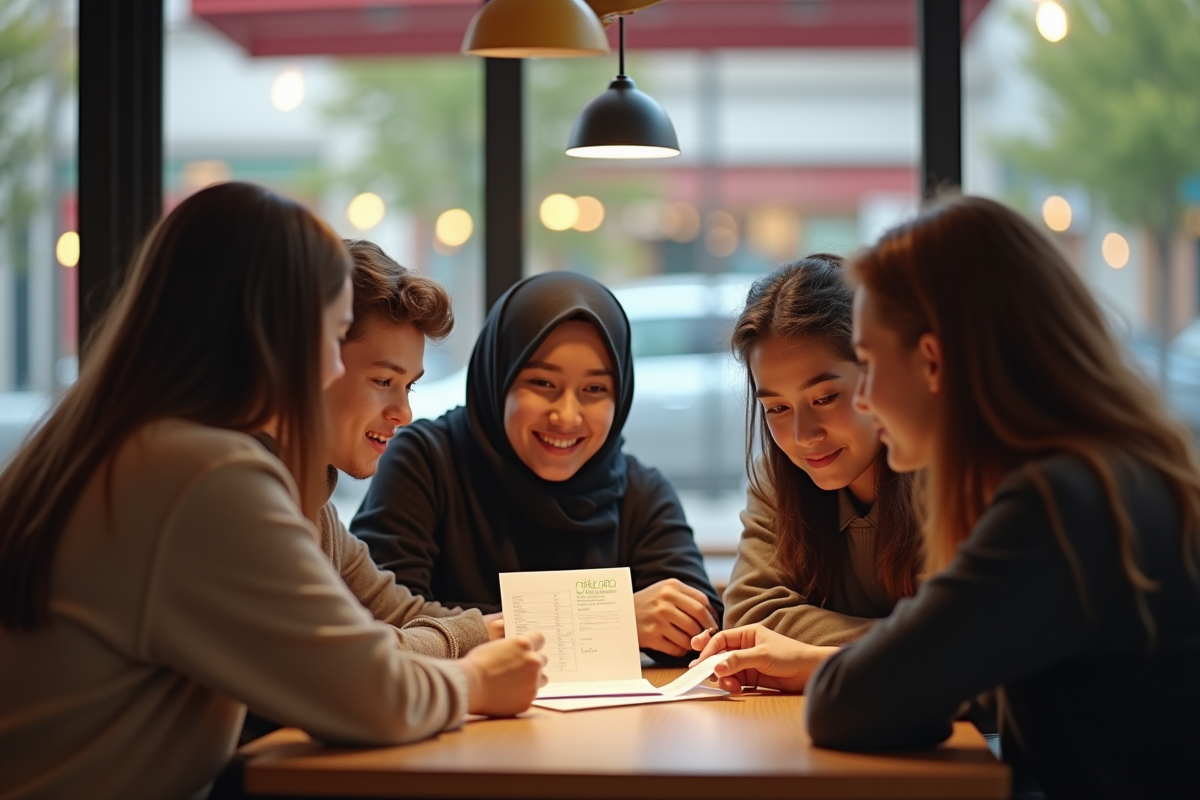 Groupe de jeunes adultes vérifiant un menu halal dans un restaurant moderne