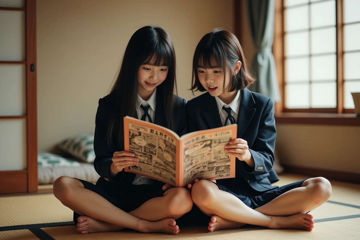 Deux adolescentes japonaises lisant un magazine de manga ancien