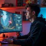 Joueur adulte concentré devant un écran de jeu MMORPG avec interface de quête visible, illustrant la chasse aux récompenses dans Dofus