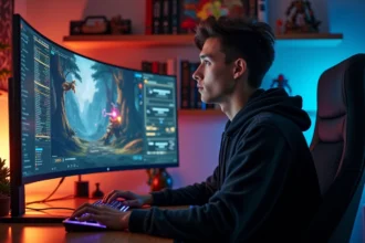 Joueur adulte concentré devant un écran de jeu MMORPG avec interface de quête visible, illustrant la chasse aux récompenses dans Dofus