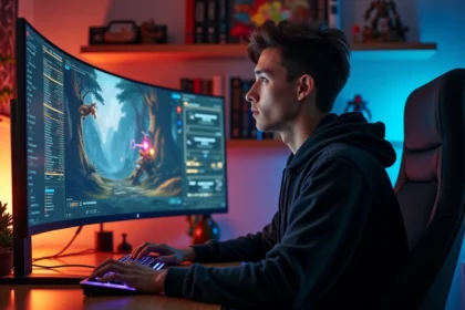 Joueur adulte concentré devant un écran de jeu MMORPG avec interface de quête visible, illustrant la chasse aux récompenses dans Dofus
