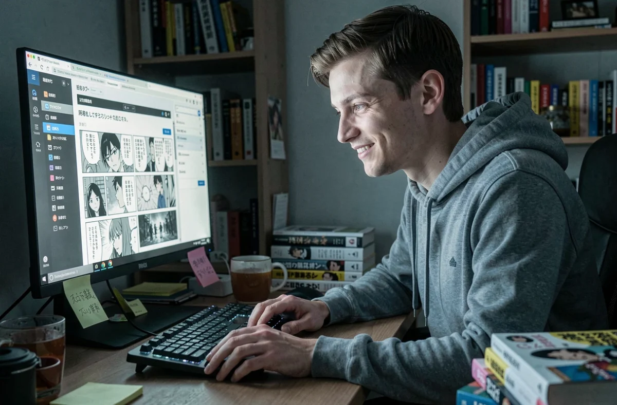Jeune homme lisant un scan yaoi en ligne sur son ordinateur dans un bureau à domicile le soir