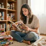 Jeune femme lisant un manga yaoi dans sa chambre entourée de volumes empilés et d'une ambiance cosy