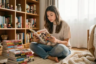 Jeune femme lisant un manga yaoi dans sa chambre entourée de volumes empilés et d'une ambiance cosy