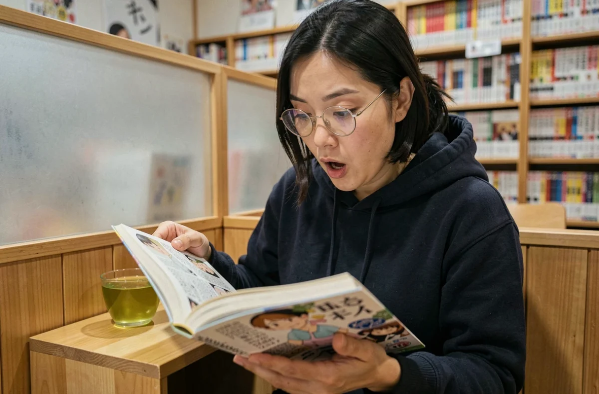 Lectrice captivée par un volume de One Piece dans un café manga japonais, illustrant la révélation du scan 1143