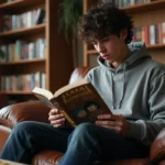 Jeune homme lisant un manga One Punch Man dans un appartement cosy entouré d'étagères de mangas