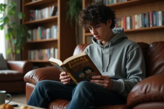Jeune homme lisant un manga One Punch Man dans un appartement cosy entouré d'étagères de mangas
