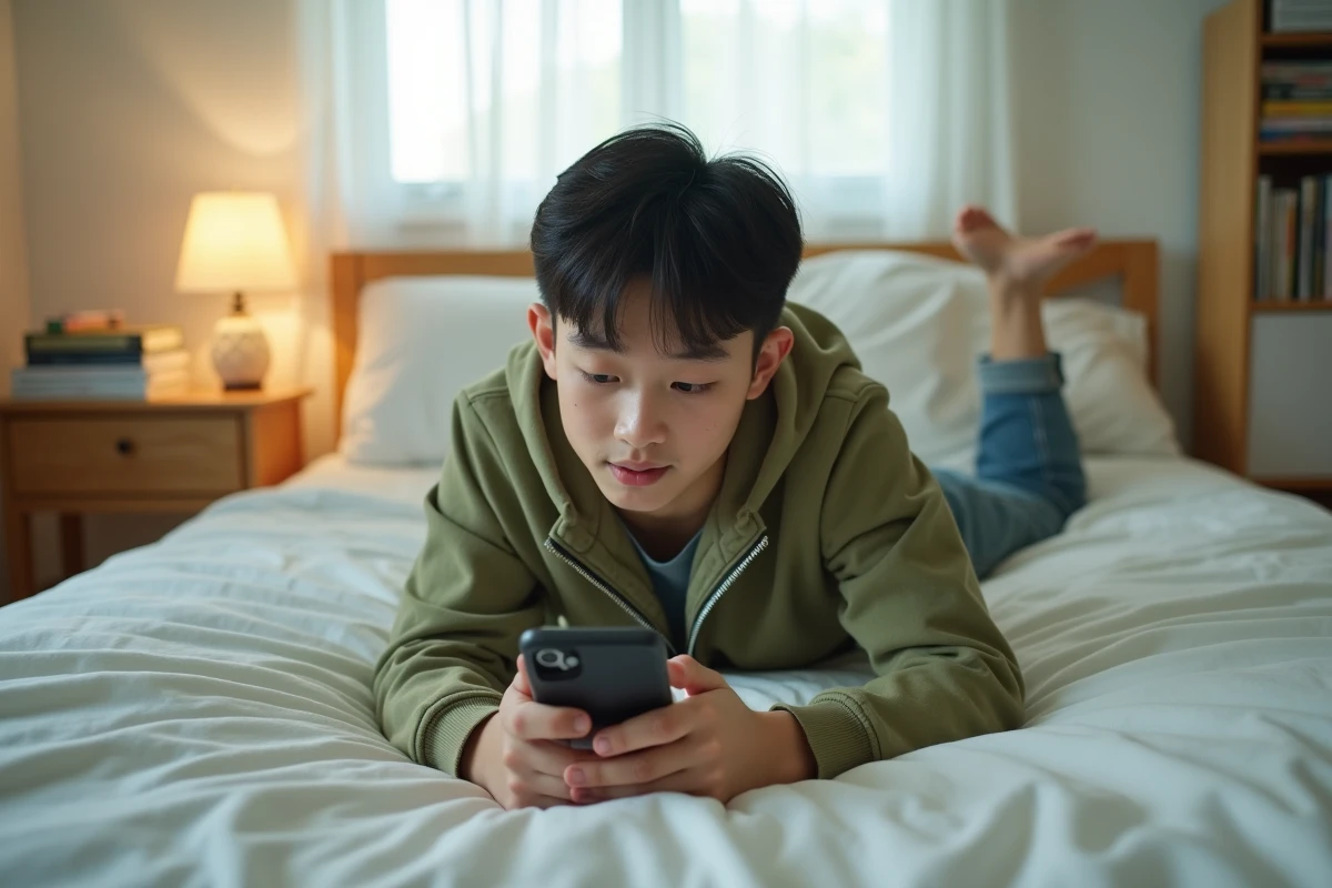 Jeune adulte lisant un manga sur smartphone allongé sur un lit, avec des volumes manga posés sur la table de chevet