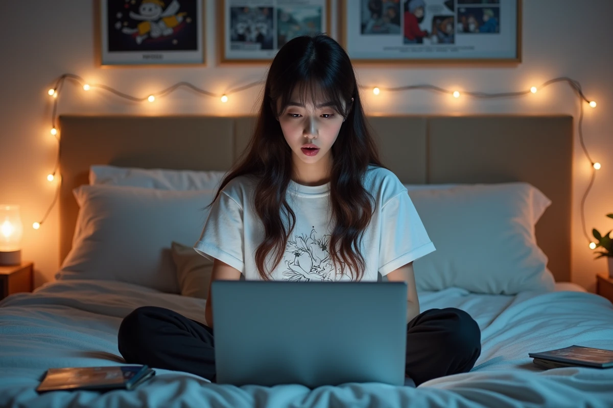 Jeune femme lisant One Punch Man en ligne sur ordinateur portable dans une chambre décorée d'affiches anime