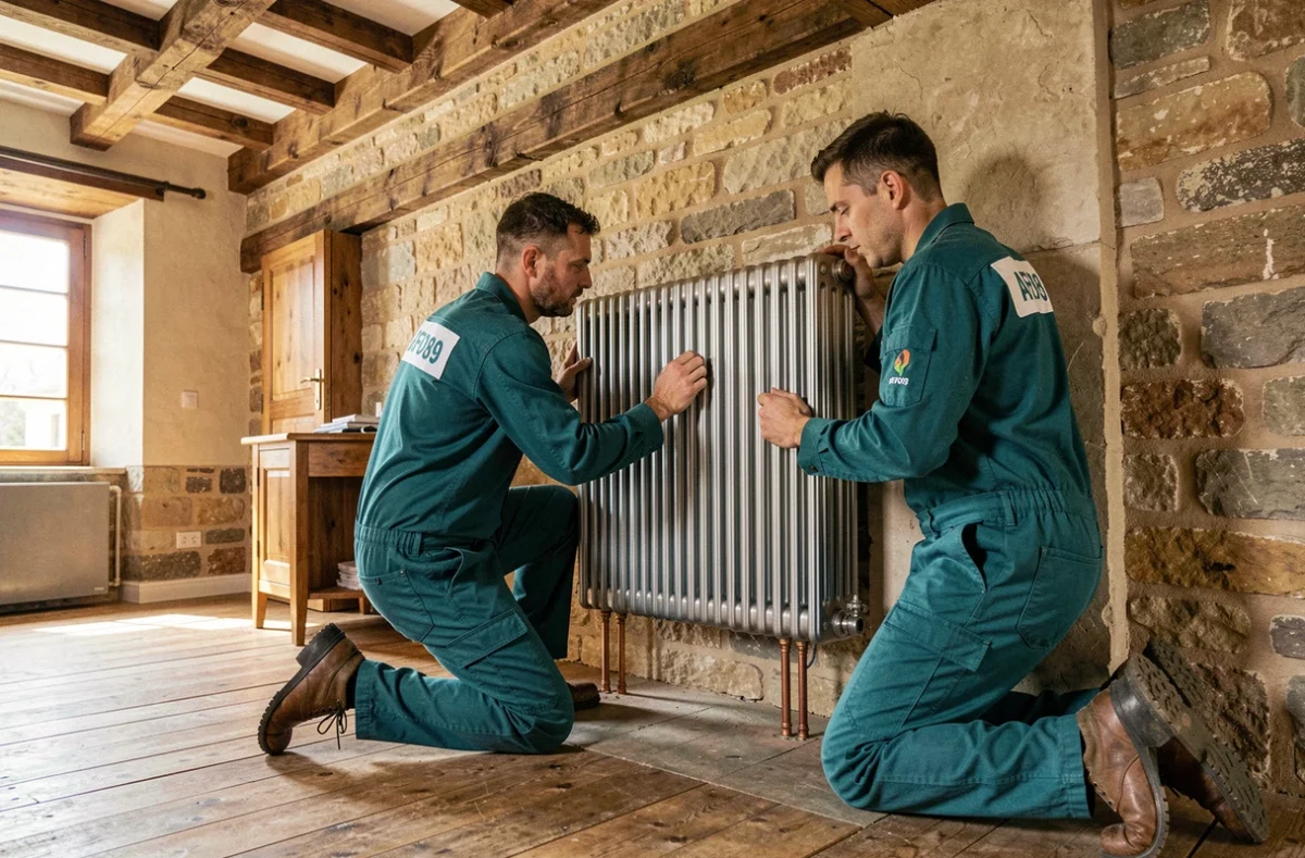Deux techniciens des Gars des Eaux AFD89 posant un radiateur en fonte dans une maison ancienne aux murs en pierre de l'Yonne