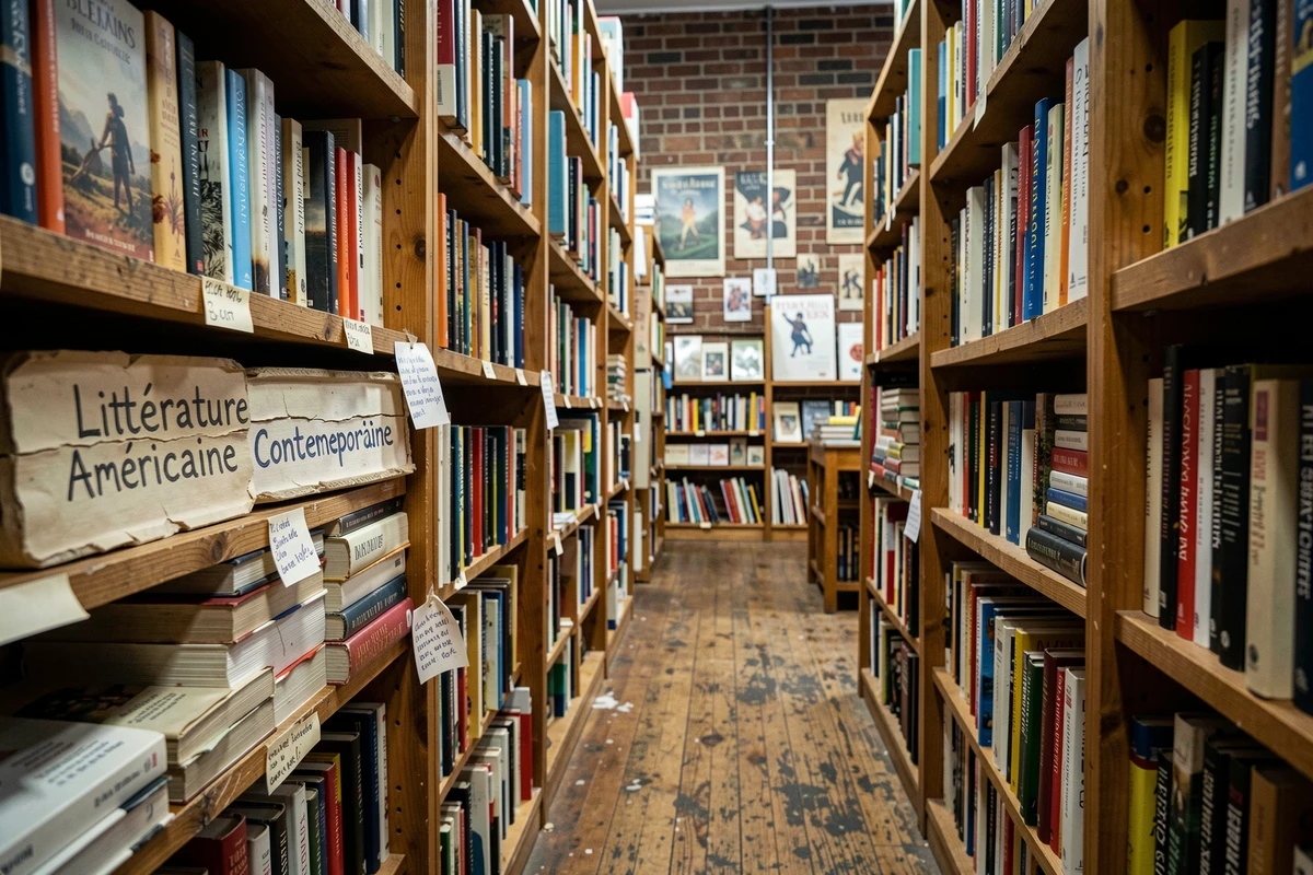 Allée d'une librairie indépendante avec rayonnages de littérature américaine contemporaine en lien avec l'œuvre de Jerry Stahl