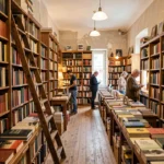 Intérieur d'une librairie indépendante des Pays de la Loire avec des étagères remplies de livres et une ambiance littéraire chaleureuse