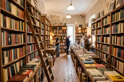 Intérieur d'une librairie indépendante des Pays de la Loire avec des étagères remplies de livres et une ambiance littéraire chaleureuse